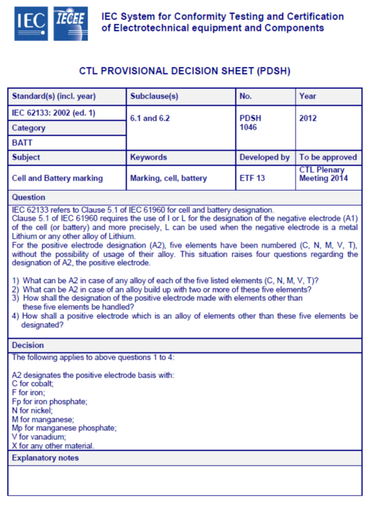 CTL 1046 号临时决议－电芯和电池标识